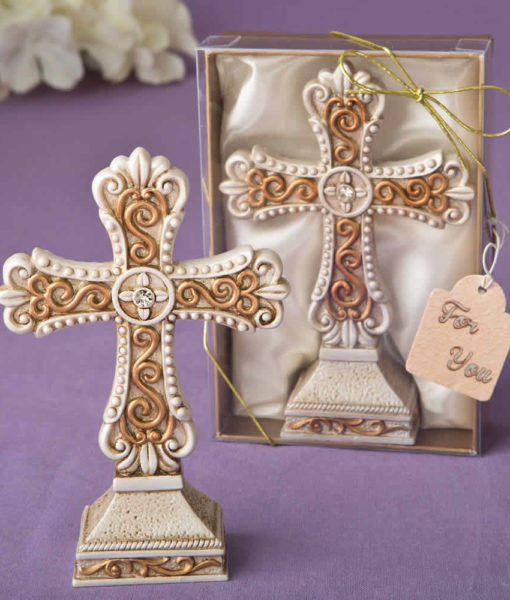 Antique Ivory Cross Statue Matte Gold Filigree Details
