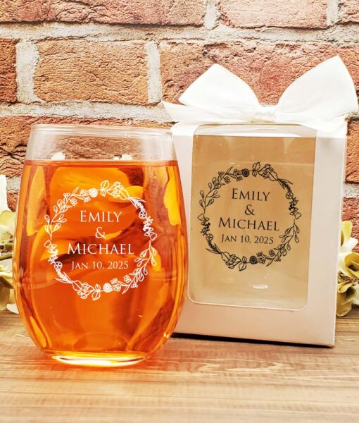 wine glass wedding favors floral wreath