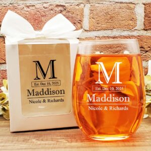 wine glass wedding favors last name monogram