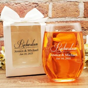 wine glass wedding favors last name script