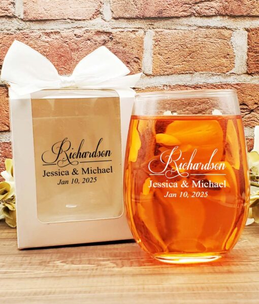 wine glass wedding favors last name script