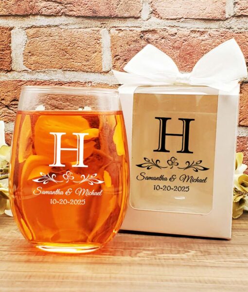 wine glass wedding favors monogram scroll